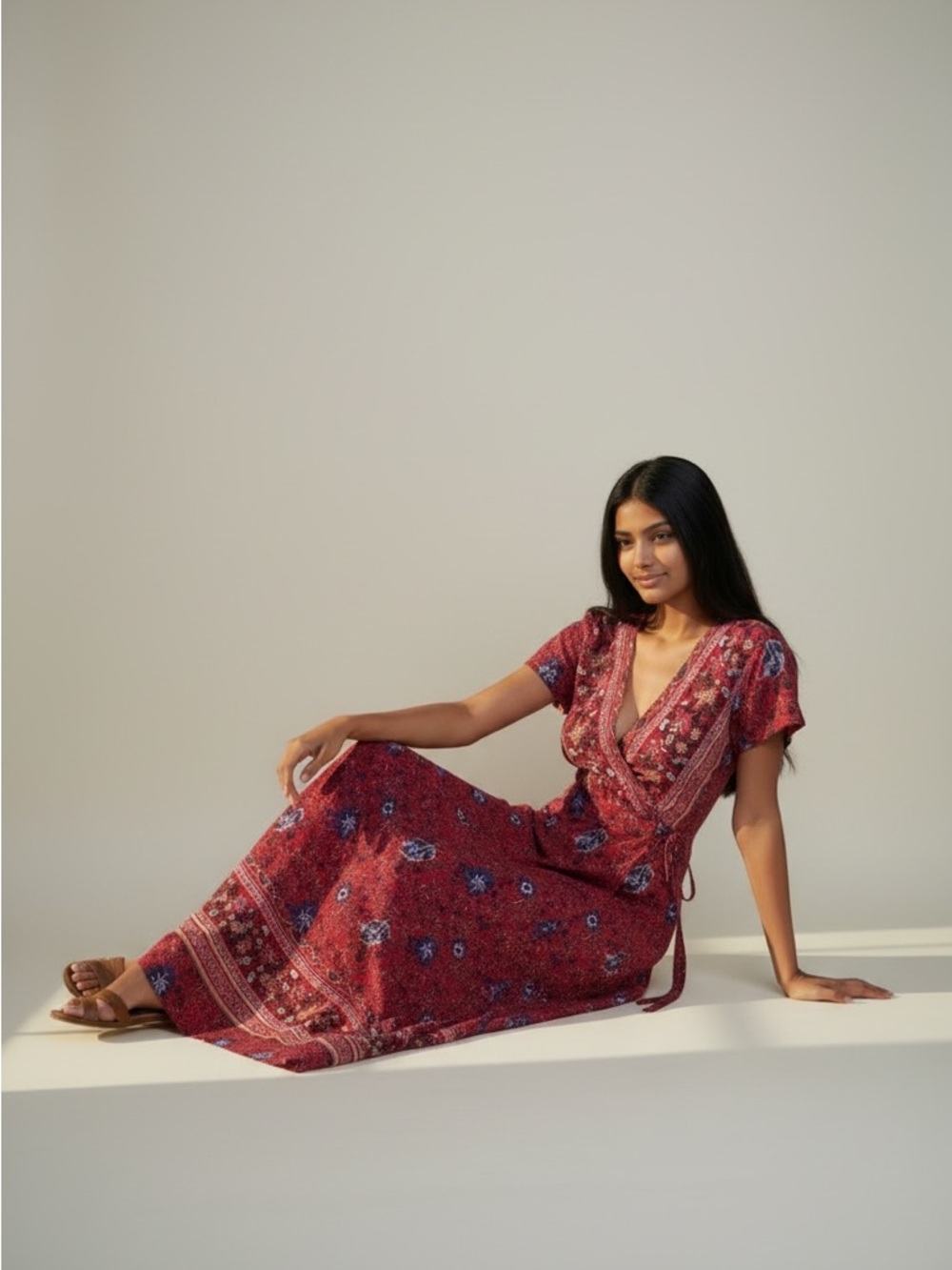 Red Floral Paisley Wrap Maxi Dress 100% Cotton Size S